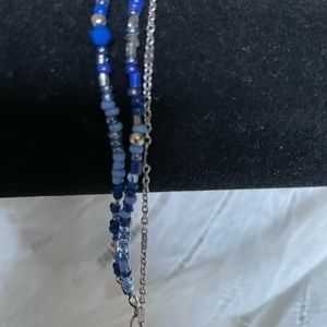 2 Strands blue seedbeads, 1 silver tone fine chain bracelet - 3 strands